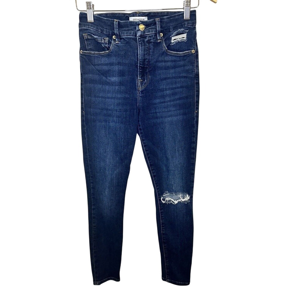 Good American Good Legs Crop Jeans Women 4/27 Blue Distressed High Rise Denim
